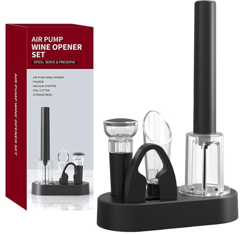 Tycoonest Set de Tire Bouchon Pompe à Air, Inclut Ouvre Bouteille Pression Pneumatique, Coupe-Capsule, Bouchon Bouteille, Verseur & Base, Portable pour Maison Fête, Cadeau pour les Amateurs de Vin