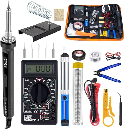 Set di saldatore da 100 W con LCD e multimetro digitale, temperatura regolabile 180 – 520 ℃, set di saldatura 19 in 1: 5 punte per saldatore, saldatore, stagno, pompa dissaldante, pinzetta, per lavori