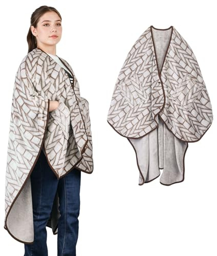 SIVENKE Damen Poncho Fleece Tragbare Decke Flanell Schal Decke Bequemer Poncho-Überwurf Cape mit Knöpfen und Taschen für Bett, Sofa, Büro