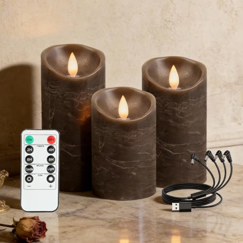RanBluu 3er Set LED Kerzen mit Timer, elektrische LED Säulenkerzen | flackernde Echtwachs betriebene Kerzen Wiederaufladbar für Camping, Hochzeiten, Home Deco (Braun, 10cm&12,5cm&15 cm Höhe)