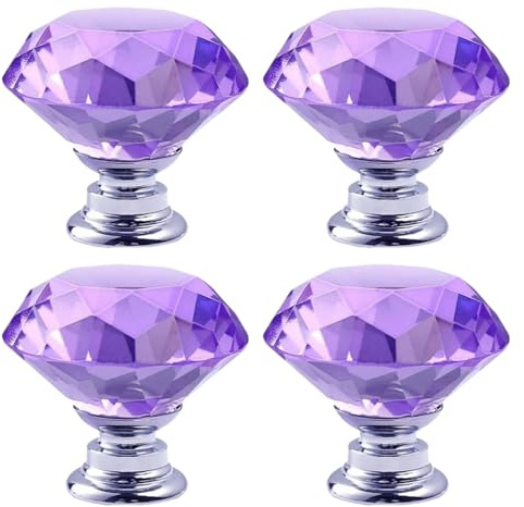 Kovake 4 Pièces Poignee Meuble de Cristal, 30 mm Boutons Armoire Ronds, Poignet Tiroir avec Tournevis, Boutons de Porte de Cuisine pour Commode, Armoire, Meuble, Placard (Violet)