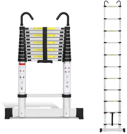Joparri Scala telescopica in alluminio 3,2 m, scala allungabile con stabilizzatore e ganci rimovibili, scala antiscivolo in alluminio, scala multiuso, portata massima di 150 kg