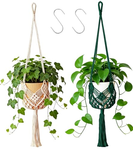 JanFebMar 2er Set Makramee Blumenampel, Boho Deko Blumentopf Hängend, Pflanzenhänger Innen und Außen, Pflanzkorb für die Dekoration von Innenräumen und Außenbalkonen