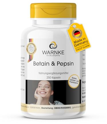 Betain & Pepsin - 250 Kapseln - Betain HCL + Bitterstoffe aus Enzian - Vollspektrum Enzym Kapseln - HOCHDOSIERT - Deutsche Apothekenqualität | Warnke Vitalstoffe