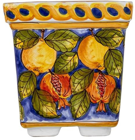 Cerames Maceta siciliana estilo Caltagirone Vaso di Melograni Chiaro XL – Maceta italiana | Maceta cuadrada de cerámica para interior para terraza, balcón, alféizar de ventana 25 x 25 x 25 cm