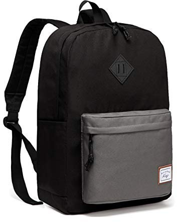 Kasgo Schulrucksack, Wasserabweisend Schulranzen Grosse Kapazität Rucksack für Herren Teenager Jungen Hochschule Casual Daypack für Reise Wandern Schwarz und Grau