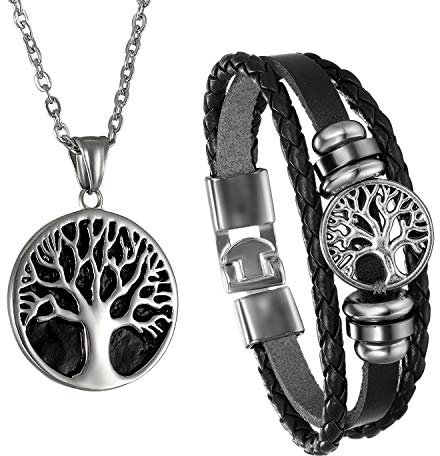 Cupimatch Men Tree of Life Symbol Pendant Necklace Leather Bracelet, Stainless Steel 22 inch Chian Jewelry Set (Black Tree)