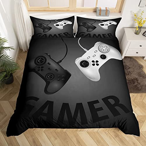 Loussiesd Gaming Bedding for Boys Kids Cartoon Video Game Gamepad Duvet Cover Set Child Youth Graffiti Style Bedding Set Boys Double Bedding Sets Gamer Bedding Cover,3Pcs Gamer Pillow