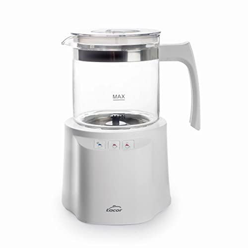 Lacor - 69398 - Espumador de Leche 3 en 1 con Recipiente, Base de Acero Inoxidable, Tapa hermética y Mango ergonómico, Libre de BPA, 250 ml, Blanco, Cristal