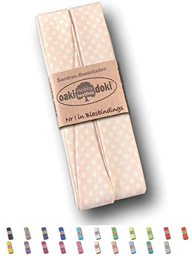 Sandras-Bastelladen Schrägband/Einfassband Baumwolle gefalzt 3m x 20mm - Punkte Muster 1017-Vintage Rosa-Weiß