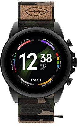 Fossil Herren-Smartwatch Gen 6, 44 mm, Edelstahl und Kork, Touchscreen-Smartwatch, Edelstahl, Farbe: Schwarz, Camo (Modell: FTW4063V)