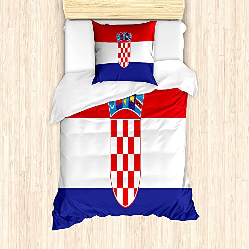 ABAKUHAUS Kroatien Bettbezug Set für Einzelbetten, Einfaches Design Flagge Druck, Milbensicher Allergiker geeignet mit Kissenbezug, Indigo Weiß