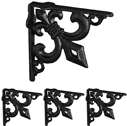 Relaxdays Équerre étagère Murale, Lot de 4, Ancien, Support en Fonte de Fer, avec Ornement lys, Vintage, Noir