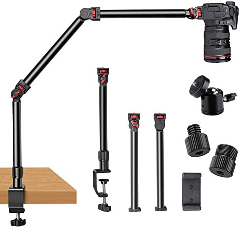 DImotliyor Overhead Camera Mount Desk Stand, 3-Section Flexible Detachable Articulating Arm with 1/4“ 3/8 5/8 Screw&360° Ball Head, C-clamp Tabletop Mount for DSLR Camera/Webcam/Microphone/Lights