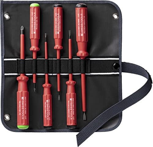 PB Swiss Tools Pozidriv Schlitz VDE Schraubendreher Set PB 5543.SU GY | 100% Swiss Made | 6-teiliges Elektro Schraubenzieher Set Schlitz 1/2/3/4 PZ1 PZ2 in hochwertiger Stoff-Rolltasche