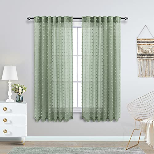 Koufall Kleine Vorhänge für Küchenfenster, Boho-STil, Stangenschlaufen, durchscheinend, für Badezimmer, 2er-Set, 132 x 114 cm lang, salbeigrün
