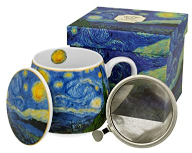 DUO ART GALLERY Fassbecher 430 ml STARRY NIGHT mit Teesieb, New Bone China Porzellan