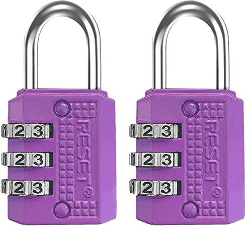RESET-071 3-Stelliges Mini-Zahlenschloss, Kompaktes Zahlenschloss für Spinde, Tagebuchschloss, Kästen, Gepäck, Koffer, Rucksäcke – Ideal für Unterwegs, Viloett, 2 Packung