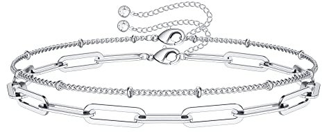 TINGN Boho Geschichtete Gliederkette Armbänder für Damen, 14 Karat Weißgold Gefüllt Verstellbare Schichtung Ovales Kettenarmband Gold Geschichtete Perlenketten Armbänder für Damen Frauen Schmuck