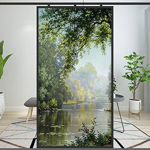 Fensterfolie, Sichtschutz, dekorativ, Waldbach-Landschaft, Ölgemälde, statisch haftend, Fensteraufkleber, ohne Klebstoff, Fensterverkleidungen, Fenstertönung (A, 100 x 100 cm)