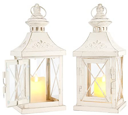 TRIROCKS Set mit 2 dekorativen Kerzenlaternen, 27,9 cm, hohe Metall-Kerzenhalter, hängende Laterne, perfekt für Heimdekoration, Halloween, Wohnzimmer, drinnen und draußen (weiß mit Goldener Bürste)
