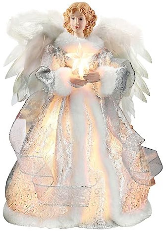 Tefola Statuetta a Forma di Angelo, 32,6 cm LED per Albero di Natale, Stella e Angelo, Decorazione Natalizia Bella Decorazione Natalizia (Argenteo)