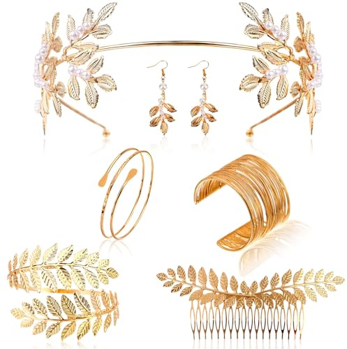 Uoeo 6 Pieces Goddess Costume Accessories Set - Leaf Headband, Gold Bangle Bracelet, Armband, Greek Roman Laurel Branch Headpiece - Romantic Grecian Costume