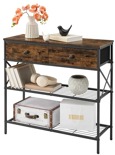 Tajsoon Table d'appoint 80 cm, Console étroite avec 2 Tiroirs et 2 Étagères, Meuble Industriel pour Salon, Couloir ou Entrée, Marron Rustique