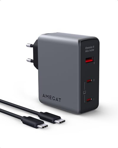 AMEGAT 140W USB C Cargador, Omnia II PD3.1 PPS 3-Puerto Rápido GAN Cargador, Cargador de Pared Compacto Adaptador de Corriente para Portátiles, Tabletas, Teléfonos, Auriculares y Mucho Más