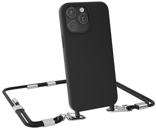 EAZY CASE - Handykette mit Karabiner kompatibel mit iPhone 15 Pro Max - Hülle Silikon Fallschutz Handyhülle für iPhone 15 Pro Max Kette zum Umhängen Schutzhülle Mikrofaser in Schwarz - Clips Silber