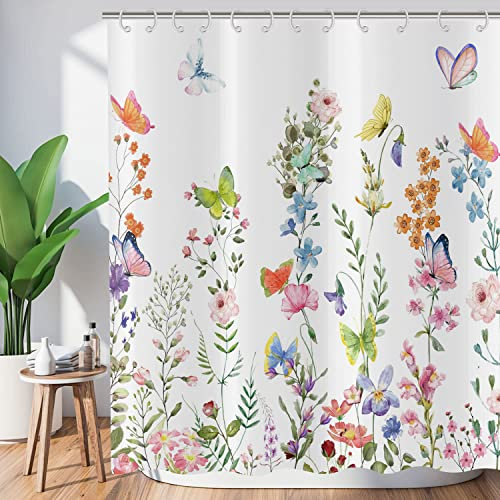 ASDCXZ Tenda da doccia con fiori, 180 x 180 cm, primavera, rosa, blu, viola, colorato, motivo farfalle, verde, foglie, bagno, lavabile, in poliestere, impermeabile, per vasca da bagno con 12 ganci