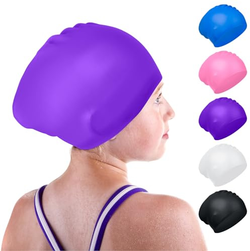 Waterproof Kids Swimming Cap, Silicone Kids Swim Caps for Boys and Girls, Stretchable and Comfortable Swimming Hats, Anti slip Swim Cap for Long Hair (Purple)