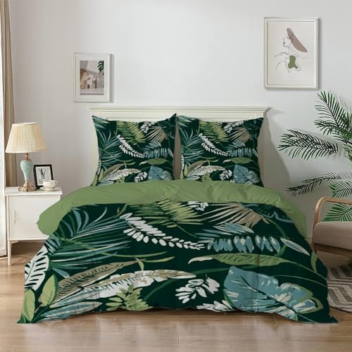Bettwäsche 155x220 Dunkelgrün Pflanze Verlässt Die Natur Bettwäsche Set 3 Teilig 100% Microfaser Bettbezug 155x220 mit Reißverschluss und 1 Bettbezügen & 2 Kissenbezug 80x80cm Elegant Retro