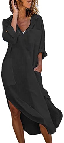 DeaAmyGline Damen Leinenkleid Sommer Hemdkleid Lang Sommerkleid Leicht und Luftig mit Taschen Einfarbig Knopfleiste Lange Hemdblusenkleid Kaftan Baggy Cover Up Strandkleid Blusenkleid Frauen
