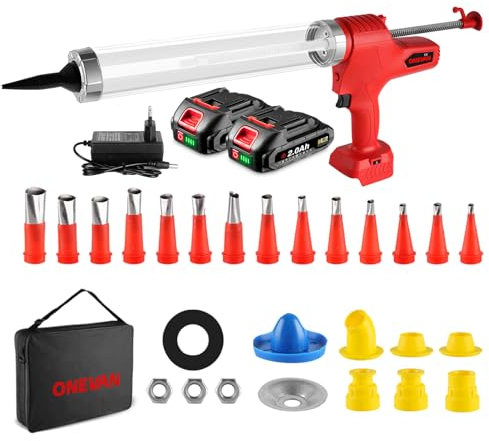 ONEVAN pistola silicone a batteria, 5000N pistola a cartuccia con 2 batterie da 2,0 Ah, 6 velocità pistola per silicone, pistola per cartucce elettrica con 14 ugelli, per Cartucce da 310ml/600ml