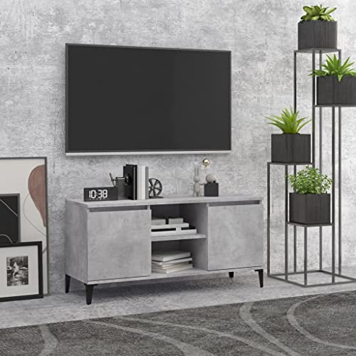 Pxznbe Mesa para TV gris cemento 103,5 x 35 x 50 cm madera multicapa habitación mueble porta TV con 2 estantes y 2 compartimentos estilo industrial soporte TV salón con cuatro patas de metal