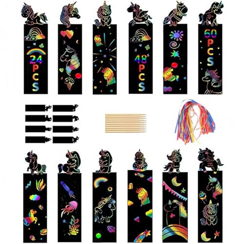 Kratzbilder Für Kinder, 20 Stück Scratch Painting mit 10 Stück Holzstiften 20 Stück Bändern, Einhorn Regenbogen Kratzbilder Lesezeichen, für Jungen Mädchen Ostern DIY Basteln Party, Mehrfarbig