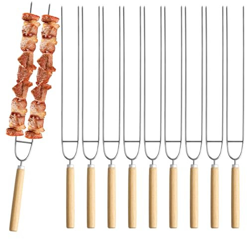 THKO Pinchos Barbacoa, 10 Piezas 32cm Bbrochetas Barbacoa Pinchos Morunos Kebab, Pinchos Barbacoa acero Inoxidable con Mango de Madera para Fogata Brochetas Largas para Asar Carne Brochetas
