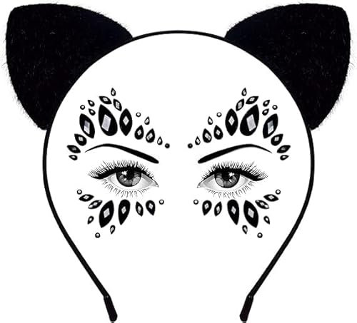 IHLOOTD Katzenohren Haarreif Schwarz mit Glitzersteine Gesicht, Katze Ohren Haarband,Halloween Haarschmuck Kopfschmuck,Katzeohren Cat Ears für Karneval Halloween Party Katze Kostüm Accessoires (B)