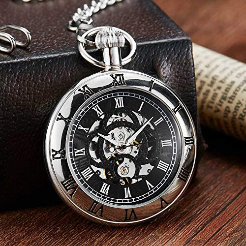 YIHANSS Mechanische Taschenuhr mit Handaufzug, Kettenuhr ohne Batterie, Uhr für Herren, silberfarben, römische Zahlen, gravierte Uhr