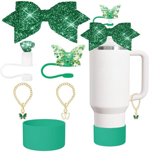 Stanley Charm accessories,bow and diamond straw lid,Stanley Cup 40 or 30 oz accessories with Charm,unique charm Tumbler accessories(Green)