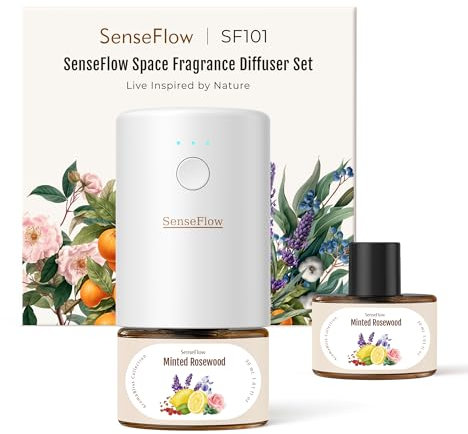 SenseFlow Aroma Diffuser für Ätherische Öle SF101, Wasserloser Ultraschall Duftstecker Raumduft, 100% pflanzlich Lufterfrischer, 120-Tage Aroma für Zuhause, Hotel - bis zu 100 m² - Minziges Rosenholz