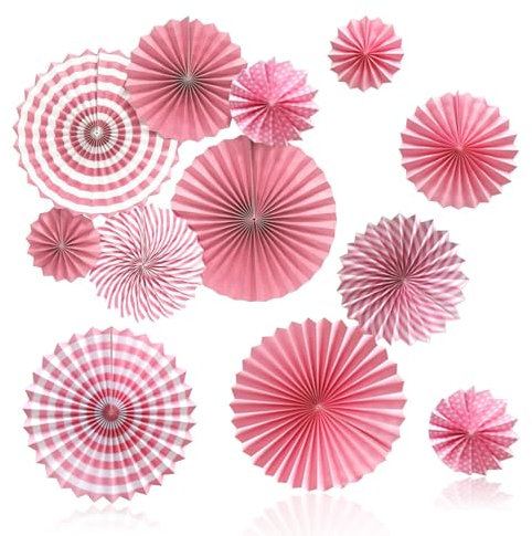 Paper Flowers Decorations, 12PCS Pink Decorations Classroom Decor Hanging Paper Flowers Fans for Birthdays Weddings Spring Tea Party Table Decoration
