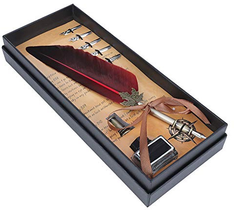 Akozon Vintage-Tauchfederkieler-Set mit Harry-Potter-Thema – Kurzer Federkieler + Stiftständer + Tintenflasche + Feder-Briefpapier-Set in Geschenkbox (Rot)