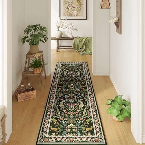 Läuferteppich, waschbar, 60 x 25 cm, florales Muster, rutschfest, für Eingangsbereich, Innenbereich, weicher Teppichläufer für Flur, Küche, Waschküche, Schlafzimmer, Badezimmer (Smaragdgrün)