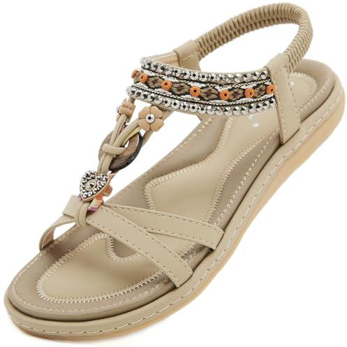 Acfoda Sandales Femme Été Confortable Mode Plates Bohême Tongs Léger Chaussures Orthopédique Sandals Confort Sandalette et Mules Beige 37