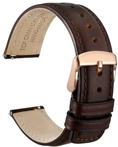 WOCCI 18mm Uhrenarmband für Herren und Damen, Echtes Leder - Top Genarbtes Leder, Schnellverschluss, Rosegoldene Schnalle (Dunkelbraun)