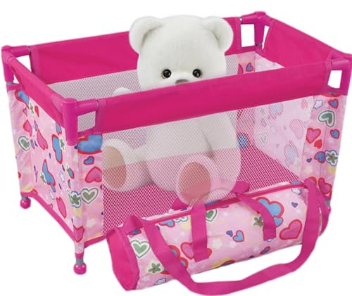 Puppenbett für 18-Zoll-Puppen, faltbares Puppenbett aus Netzstoff, Laufstall für Puppen mit Herzmuster, tragbares Puppenbett zum Spielen mit Tragetasche für Kinder ab 3 Jahren, Geschenke für Puppenbet