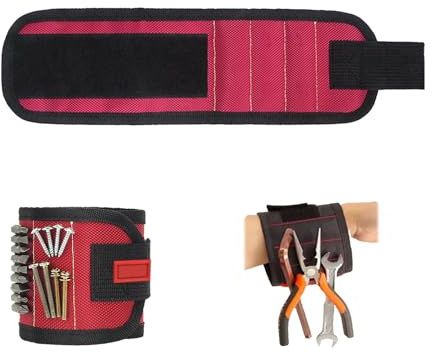 Yosugar Geschenke für Männer, Magnetarmband Set für Handwerker, Verstellbar,Praktisches Lustige Geschenke für Männer (Schwarz-Rot, 3 Reihen mit 9 Magneten)