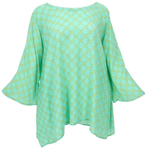 GURU SHOP Tunika mit Trompetenärmeln, Plus Size, luftige Strandbluse | 100% Viskose, A-Linie, 3/4-Ärmel, U-Ausschnitt, lässiger Look, ideal für Strand und Stadt